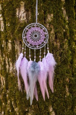 El yapımı rüya yakalayıcı iple asılı tüyler konu ve boncuk