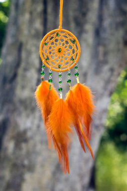 El yapımı rüya yakalayıcı iple asılı tüyler konu ve boncuk
