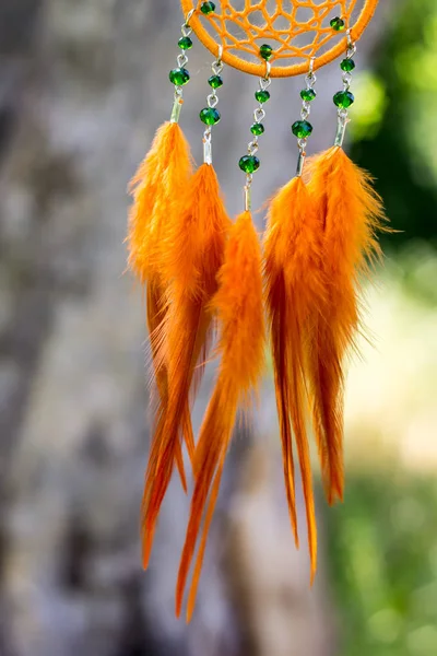 Handmade dream catcher with feathers threads and beads rope hanging — Stock Photo, Image