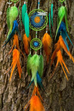 El yapımı rüya yakalayıcı iple asılı tüyler konu ve boncuk