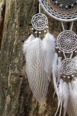 El yapımı rüya yakalayıcı iple asılı tüyler konu ve boncuk