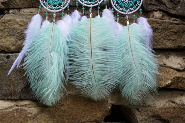 El yapımı rüya yakalayıcı iple asılı tüyler konu ve boncuk