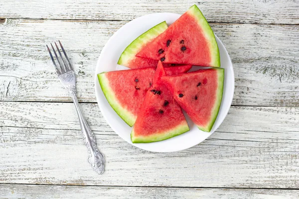Ripe Watermelon Slices Plate Fork White Wooden Background — Stock Photo, Image