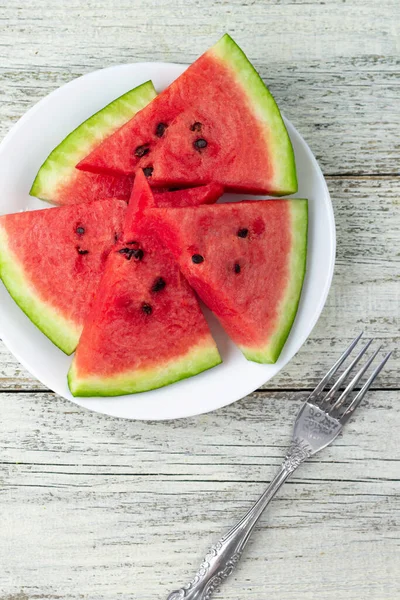Ripe Watermelon Slices Plate Fork White Wooden Background — Stock Photo, Image