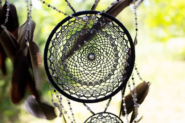 Dream Catcher Feathers Threads Beads Rope Hanging Dreamcatcher Handmade — Stock Photo, Image