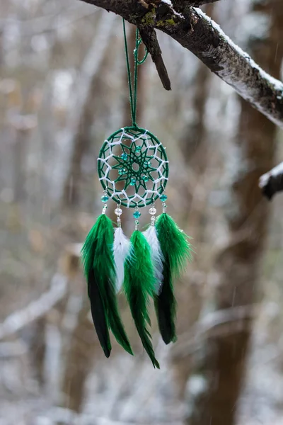 Chyták Snů Peřím Korálky Zavěšenými Provazy Dreamcatcher Ruční Výroba — Stock fotografie