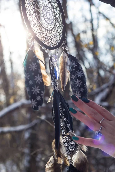 Attrape Rêves Avec Des Fils Plumes Des Perles Corde Suspendue — Photo