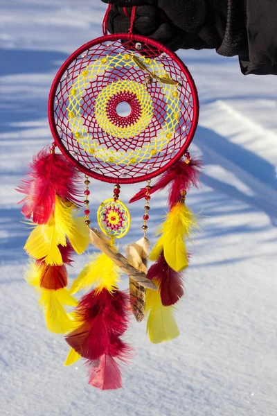 Dream Catcher Feathers Threads Beads Rope Hanging Dreamcatcher Handmade — Stock Photo, Image