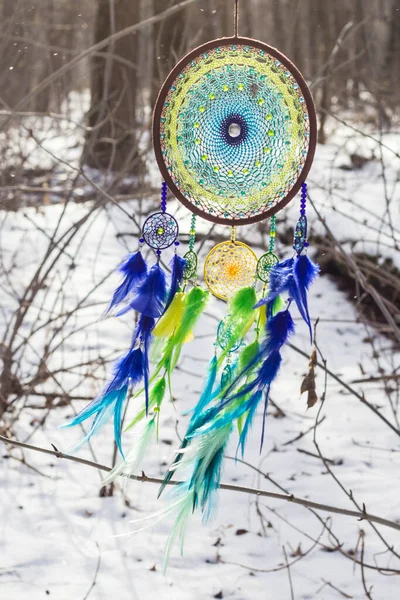 Attrape Rêves Avec Des Fils Plumes Des Perles Corde Suspendue — Photo