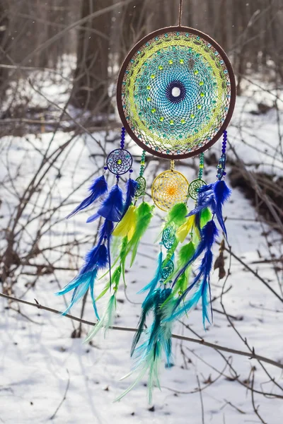 Attrape Rêves Avec Des Fils Plumes Des Perles Corde Suspendue — Photo