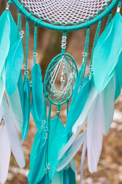 Apanhador Sonhos Com Fios Penas Pérolas Corda Pendurada Dreamcatcher Artesanal — Fotografia de Stock