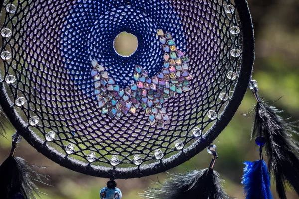 Attrape Rêves Avec Des Fils Plumes Des Perles Corde Suspendue — Photo