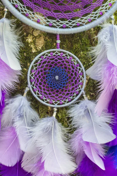 Attrape Rêves Avec Des Fils Plumes Des Perles Corde Suspendue — Photo