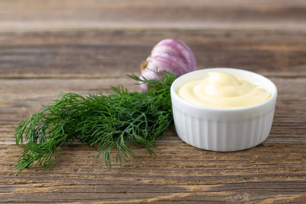 Mayonnaise Sauce Garlic Herbs Natural Wooden Background — Stock Photo, Image