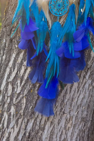 Attrape Rêves Avec Des Fils Plumes Des Perles Corde Suspendue — Photo