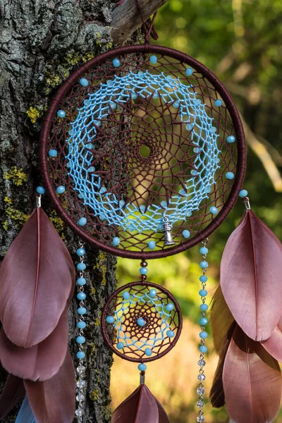 Chyták Snů Peřím Korálky Zavěšenými Provazy Dreamcatcher Ruční Výroba — Stock fotografie