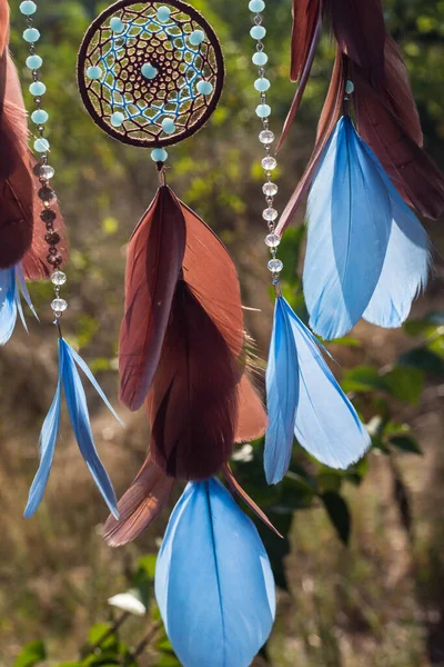 Chyták Snů Peřím Korálky Zavěšenými Provazy Dreamcatcher Ruční Výroba — Stock fotografie