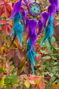 Tüylü, boncuklu ipleri sallanan bir düş kapanı. El yapımı düş kapanı.