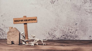 Kendimi karantinaya aldıktan sonra Covid-19 boyunca evde kalacağım. Karikatür için iskelet oyuncaklar. Ev karantinası virüs salgını günlerce sürer. Açlıktan öl..