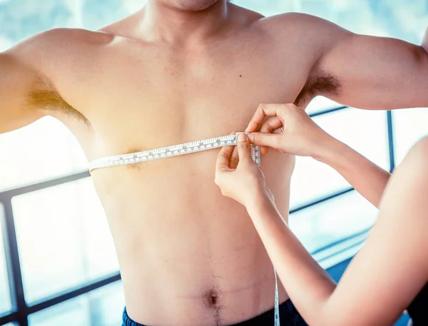 Loose Belly Fat Slender Waist Measurement Using Measuring Tape Mind — Stock Photo, Image