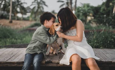 Çocuk ve teyze parkta yaşıyor. Küçük çocuk ve köpek en iyi arkadaş. Yaz tatilinde açık hava aktivitesi.