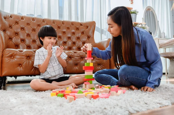 Asian Mother Work Home Together Son Mom Kid Play Color — Stock Photo, Image