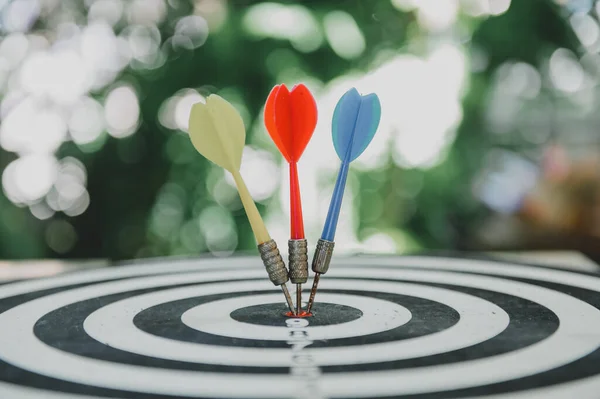 Play dart board game in the garden.  Business success and goal. Workout and activity at home.