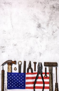 İşçi bayramı geçmişi ve federal tatil. Amerika ve ABD 'de bağımsızlık ve anma günü. Metin için kopyalama alanı olan mühendis ve işçi araçları.