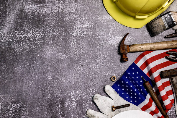 Labor day background and federal holiday. Independence and memorial day in America and USA. Engineer and worker tools with copy space for text.