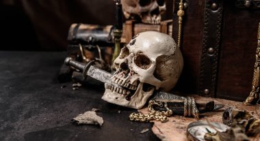 İnsan kafataslı bir korsan. Hazine sandığı ve altın. Keşif ekipmanları ve kayıp servet kaşifi..