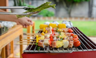 Rill ve Barbekü partisi evde. Domuz eti, sığır eti, tavuk, deniz ürünleri ve sebze pişiriyorum. Aile hayatı ve açık hava aktiviteleri..
