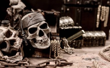 İnsan kafataslı bir korsan. Hazine sandığı ve altın. Keşif ekipmanları ve kayıp servet kaşifi..