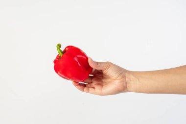 Red sweet bell pepper in hand isolated on white background