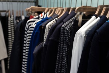 Moda trend kavramı. Sıcak kış bayanlar elbise koleksiyonu ile örme yün Kazaklar ahşap askı üzerinde.