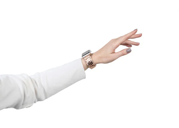 Smart Watch Hand Girl White Sweater Isolate White Background — Stock Photo, Image