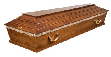 Tahtadan yapılmış tabut. Beyaz bir arkaplanda izole edilmiş.