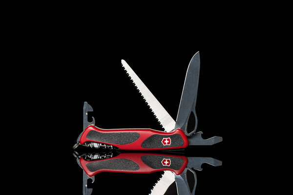 BELARUS, MINSK - MAY 20, 2020: Multitool knife Victorinox RangerGrip 79 on a black background