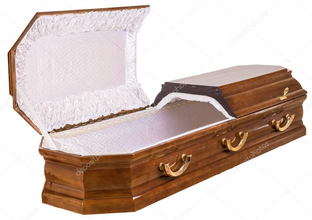 Coffin made of wood with an open lid. Isolated on a white background.