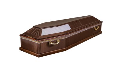 Tahtadan yapılmış tabut. Beyaz bir arkaplanda izole edilmiş.