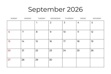 Eylül 2026 için Yazdırılabilir Aylık Takvim şablonu. Hafta pazar günü başIıyor. Minimalist tarzında Duvar Takvimi. Basit ve temiz bir tasarım. Yazdırmaya hazırız. Vektör illüstrasyonu.