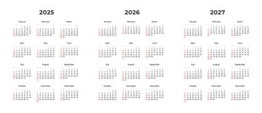2025, 2026 ve 2027 yıllarının dikey takvim şablonu şeffaf bir arkaplanda izole edildi. Hafta pazar günü başIıyor. 2025, 2026 ve 2027 yılları için minimalist bir iş takvimi. Vektör.