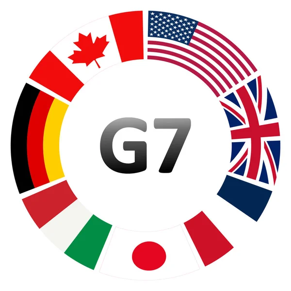 G7 bayrağı çemberi. G7 üyesi ülke bayraklarının merkezde kalın G7 yazıları bulunan dairesel düzenleme, şeffaf arka planda izole edilmiş. Küresel işbirliği ve ekonomik ortaklığı simgeliyor. Vektör.