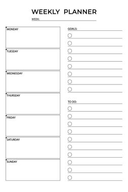 Haftalık plan şablonu. Günlük basit ve temiz haftalık planlama şablonu, bölümler, hedefler ve yapılacaklar listesi. Programını düzenlemek ve verimliliği arttırmak için mükemmel. Vektör illüstrasyonu.