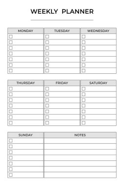 Minimum haftalık planlama şablonu. Her gün için bölümler ve notlar içeren temiz ve basit bir haftalık planlayıcı şablonu. Görevleri organize etmek ve üretken kalmak için mükemmel. Vektör illüstrasyonu