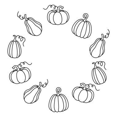 Balkabağı çelengi. Şeffaf bir arkaplanda izole edilmiş dairesel bir çelenge yerleştirilmiş balkabağı taslağı. Sonbahar tasarımları için mükemmel, Cadılar Bayramı, Şükran Günü, davetiyeler veya mevsimlik dekorasyonlar. Vektör