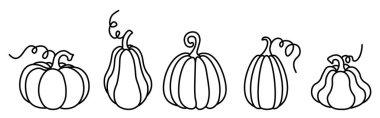 Şeffaf bir arkaplanda izole edilmiş bir dizi kabak. Boyamak için basit balkabağı çizimleri. Çocuklar ve yetişkinler için mükemmel, sonbahar el sanatları, Şükran Günü ve Cadılar Bayramı etkinlikleri. PNG ve vektör