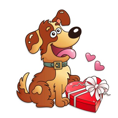 Komik köpek hediye izole üzerinde beyaz arka plan ile. Tebrik kartı. Doğum günü. Sevgililer günü. Çocuklar için.