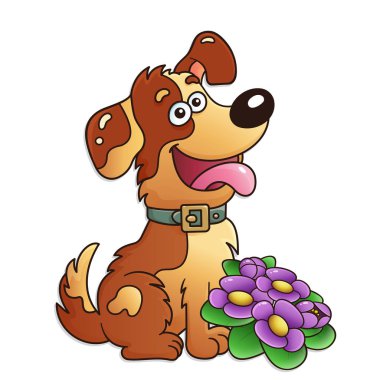 Çiçekli Beyaz arka plan üzerinde izole komik köpek. Tebrik kartı. Doğum günü. Sevgililer günü. Çocuklar için.