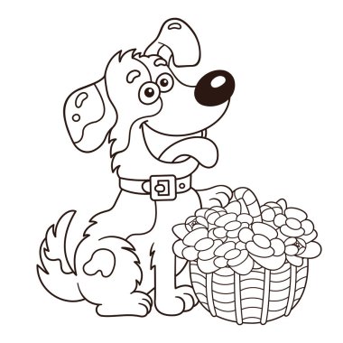 Sayfa anahat in karikatür köpek sepeti çiçek ile boyama. Tebrik kartı. Doğum günü. Sevgililer günü. Çocuklar için boyama kitabı.
