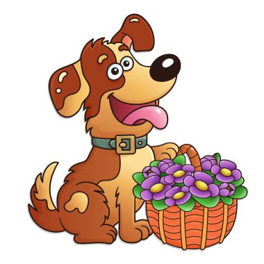 Beyaz arka plan üzerinde izole çiçek sepeti ile komik köpek. Tebrik kartı. Doğum günü. Sevgililer günü. Çocuklar için.